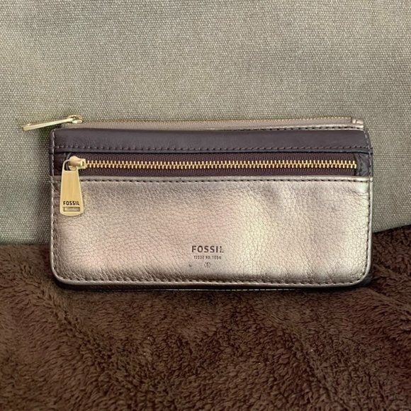 Fossil Women's Preston Wallet Metallic/Brown Pebbled Leather Flip Clutch RFID - Picture 1 of 7